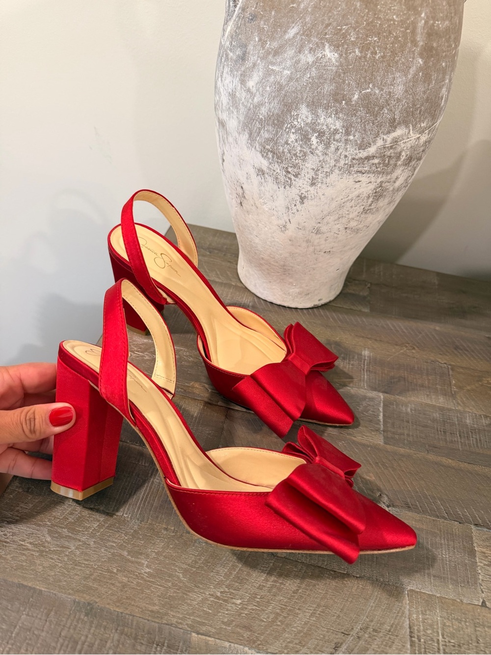 Jessica Simpson Red Satin Bow Slingback Block Heel Pumps